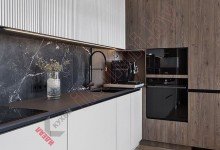 Кухня-лаунж угловая без ручек с фрезеровкой Волна в ЖК Smart №205 Кухня-лаунж угловая без ручек с фрезеровкой Волна в ЖК Smart №205